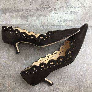 Manolo Blahnik Brown Suede Eyelet Kitten Heels